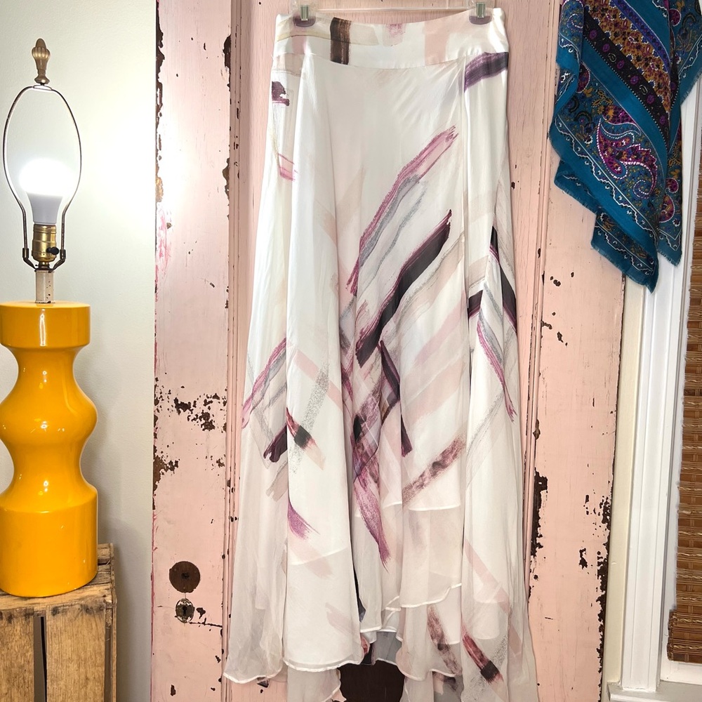 Haute Hippie White and Purple Brush Stroke Maxi Asymmetrical Women's Skirt